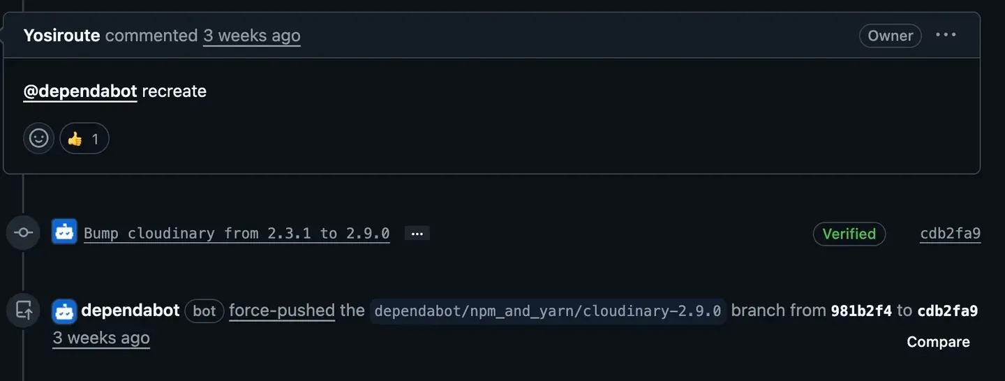 The “@dependabot recreate” comment, followed by the bot force-pushing the branch